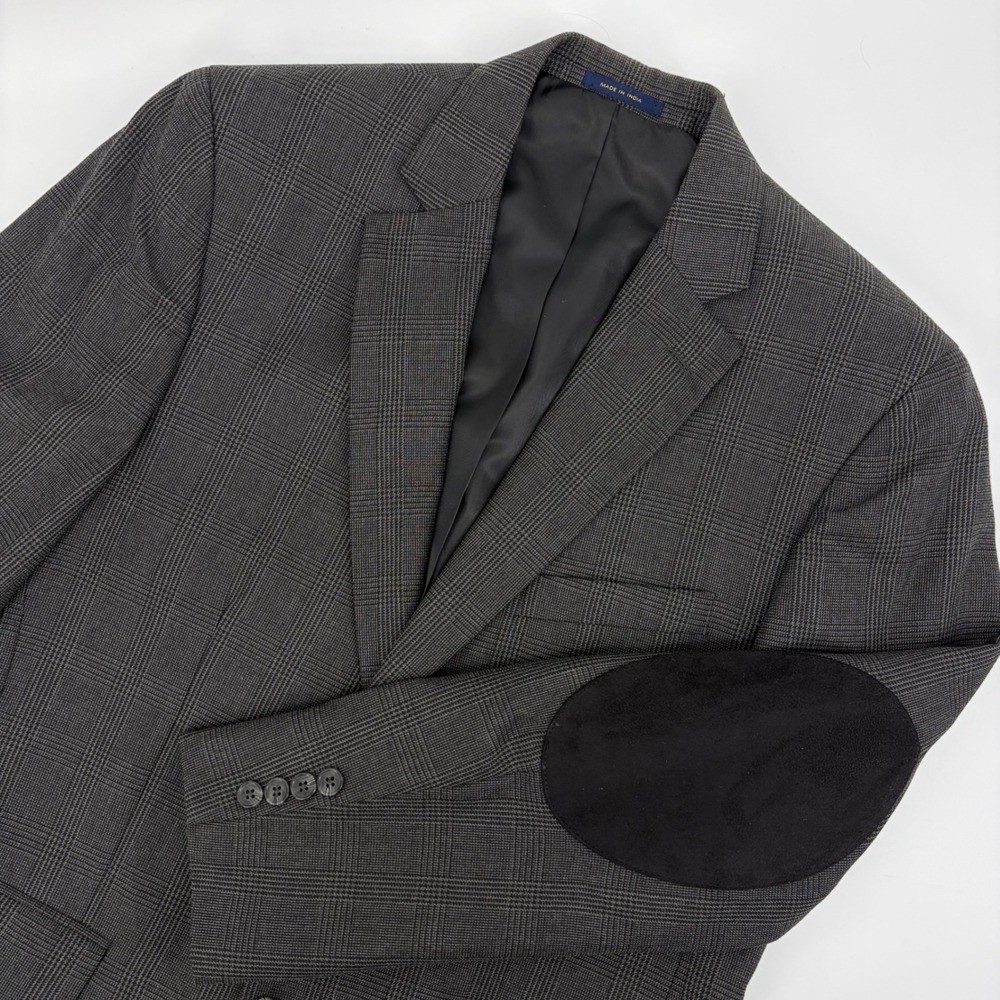 Club Room Mens Sport Coat Grey Glen Plaid Blazer Jacket 40R Elbow Patches
